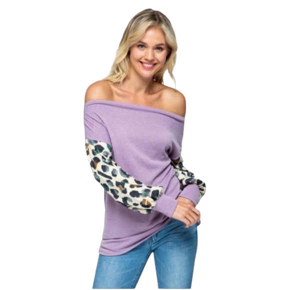 twenty second Sweaters - twenty second Lilac Off-Shoulder Sweater with Animal Print Sleeves